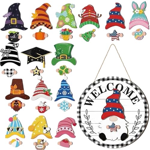 Generisch Gartenzwerg Türschild - Austauschbares Design Mit Magnetteilen | Halloween Gartenzwerg Willkommensschild Dekoration,für Haustür, Bauernhaus und Wand von Generisch