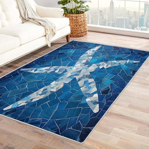 Generisch Geometrisch Seestern Teppich Wohnzimmer, Blau Glas Deko für Schlafzimmer, Waschbarer Teppich 80x150 cm, Anti Rutsch, Kurzflor C26 von Generisch