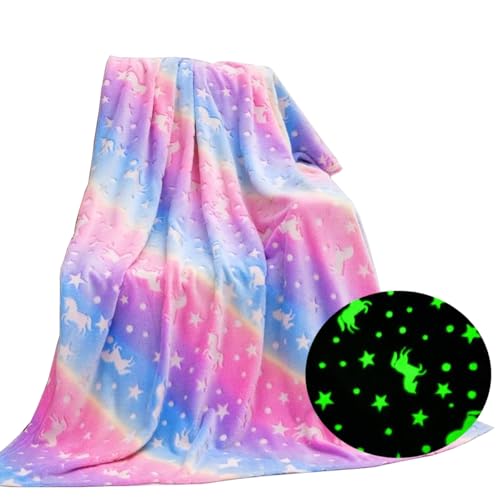 Generisch Glühende Kinderkuscheldecke 150 x 100 cm, Kuscheldecke für Kinder Passend zu Allen Jahreszeiten | Sterne, Einhorn- oder Dinosaurier-Motiv | | BLANKGLOW (Einhorn) von Generisch