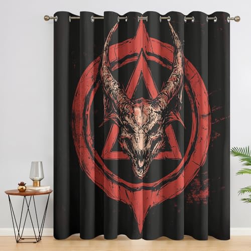 Generisch Gothic Vorhänge mit Ösen, H 137 x B 177, 2er Set - Dämon Baphomet Motiv Gardinen Wohnzimmer Schlafzimmer Deko, Fenster Vorhang Blickdicht Blackout Curtain （J7508） von Generisch