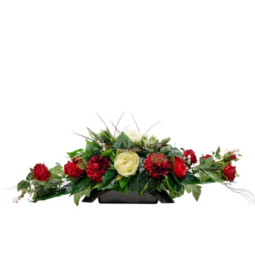 Generisch Grabaufleger aus künstlichen Textil Seidenblumen Rosen länglich 80cm groß XXL Friedhofsgesteck für Totensonntag Beerdigung wie Echt (Rot) von Generisch
