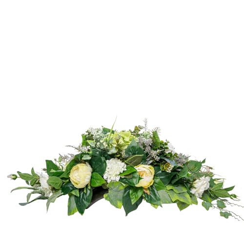 Generisch Grabaufleger aus künstlichen Textil Seidenblumen Rosen länglich 80cm groß XXL Friedhofsgesteck für Totensonntag Beerdigung wie Echt (Weiß/Ecru/hell) von Generisch