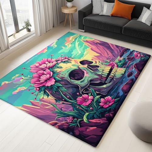 Generisch Grün Lila Teppich 160x230 cm rutschfest und waschbar, Fantasie Totenkopf Blume Druck Teppich für Dekoration Schlafzimmer Kinderzimmer Wohnzimmer Kurzflor Läufer Generisch Grün Lila Teppich 160x230 cm rutschfest und waschbar, Fantasie Totenkopf Blume Druck Teppich für Dekoration Schlafzimmer Kinderzimmer Wohnzimmer Kurzflor Läufer von Generisch
