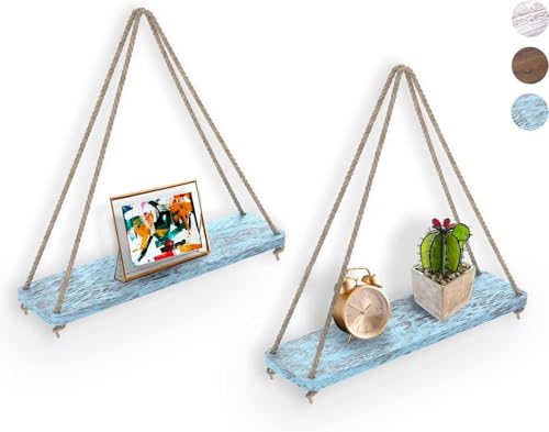 Boho Hängeregal 2er-Set mit Haken – Schwebende Regale aus Holz mit Makramee-Seil – Rustikale Wandregale, Schaukelregal für Fenster, Küche, Wohnzimmer, Badezimmer, Schlafzimmer – Deko Regal ohne Bohren von Generisch