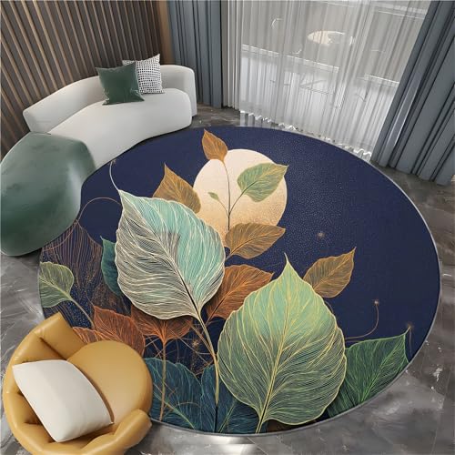 Generisch Handgezeichnete Linien Blätter Runder Teppich Wohnzimmer Dunkelblau Schlafzimmer Flanell Weiche Runder Teppich, 180 cm Kinderzimmer Runde Teppiche für Küche Korridor Esszimmer Bodenmatte von Generisch