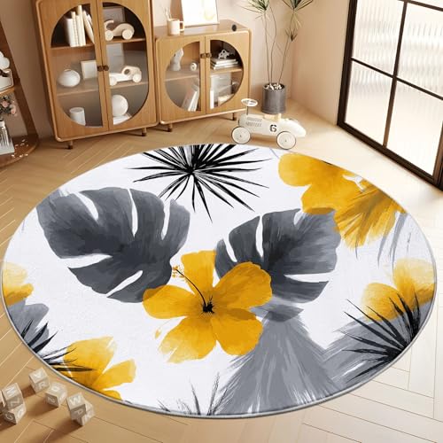 Generisch Handgezeichnete Tropische Palmenblätter Runder Teppich Wohnzimmer Weiß Schlafzimmer Flanell Weiche Runder Teppich, 60 cm Kinderzimmer Runde Teppiche für Küche Korridor Esszimmer Bodenmatte von Generisch