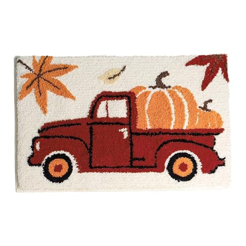 Generisch Herbst Badezimmerteppich mit Lastwagen Design - Weiche, rutschfeste Fußmatte mit Kürbis Motiv - Saugstarke Badematte für Bad, Küche, Wohnzimmer (B) von Generisch