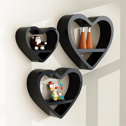Generisch Herzförmige Wandregale im 3er-Set – Kawaii Wanddeko für Schlafzimmer, Bad, Kinderzimmer – Wandmontierte Regale zur Aufbewahrung und Dekoration(Black) von Generisch