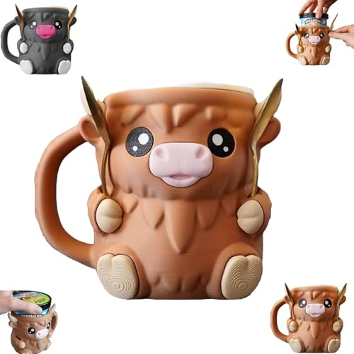 Generisch Highland Cow Ice Pint Holder,ice cream pint holder,3D Printed Reusable Popsicle Containers,Cute Ice Cream Pint,With Antifreeze Handle and Two Spoons,Highland Cow Decor (A) von Generisch