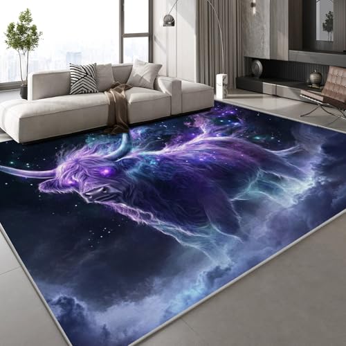 Generisch Hochlandrinder Sternenhimmel Teppich Kinderteppich Modern 3D Abstrakt Kunst Teppich Kinderzimmer Kurzflor Teppiche rutschfeste Spielteppiche für Schlafzimmer Wohnzimmer Zimmer 60x90 cm von Generisch