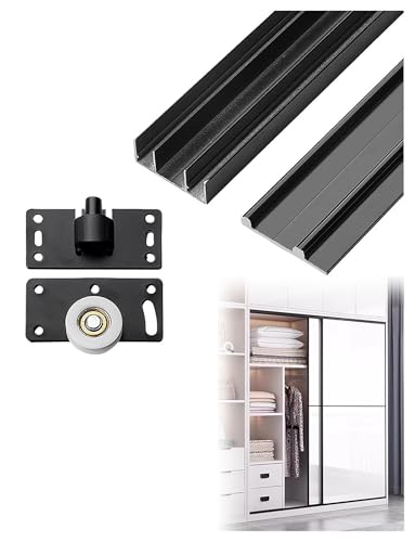 Generisch Hochleistungs-Schiebetürschiene mit DREI Schienen | Aluminium-Schiebetür-Beschlagsatz for Kleiderschrank- und Schranktüren – platzsparendes Design​(Black,220cm/7.2ft) von Generisch