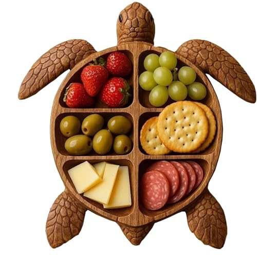 Generisch Holz Servierplatte im Tierdesign, Käse und Snack Tablett mit 6 Fächern, Schildkröten- und Katzenform, 20-28 cm, Dekoratives Serviertablett (11 Zoll, A) von Generisch