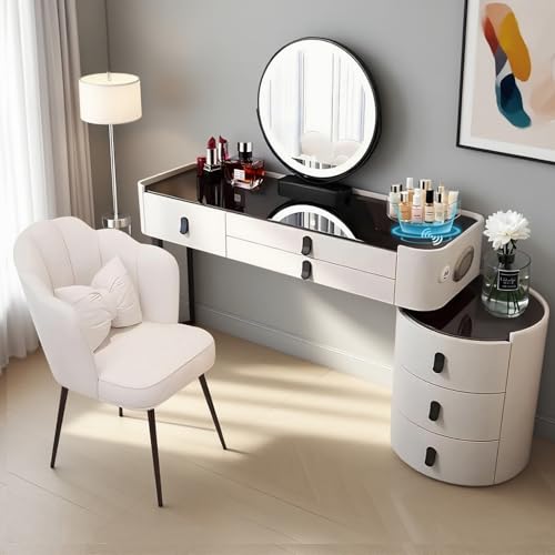 Generisch Intelligentes Schminktisch-Set mit kabellosem Ladepad, USB-Anschlüssen und Bluetooth-Lautsprecher – speziell für Mädchen und Frauen entwickelt (Weiß-Schwarz, 80cmTempered GlassDesktop) von Generisch