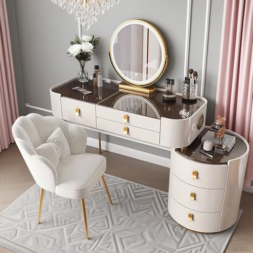 Generisch Intelligentes Schminktisch-Set mit kabellosem Ladepad, USB-Anschlüssen und Bluetooth-Lautsprecher – speziell für Mädchen und Frauen entwickelt (Weiß-Silber, 80cmTempered GlassDesktop) von Generisch