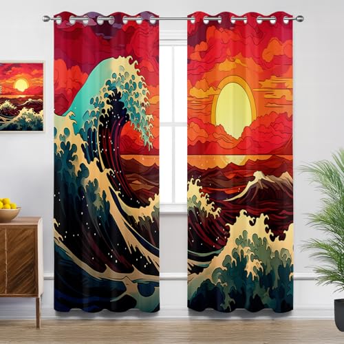 Generisch Japanisch Verdunklungsvorhänge - Gardinen Große Welle Hokusai Blickdicht Vorhang mit Ösen Verdunklungsvorhänge für Kinderzimmer Wohnzimmer Schlafzimmer Dekoration - 2er Set - H220 x B140cm von Generisch