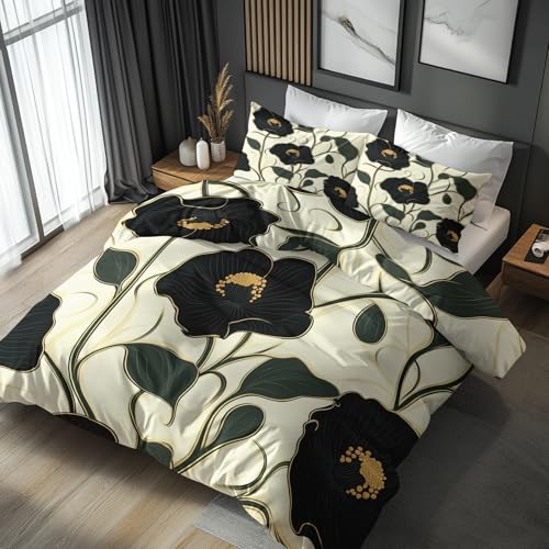 Generisch Jugendstil Bettwäsche 135x200 - Schlafzimmer Deko Vintage Mohnblumen, Jugendstil Bettbezug 135 x 200 2er Set mit 1 Kissenbezug 80x80, Weiche Mikrofaser Sommerbettwäsche mit Reißverschluss von Generisch