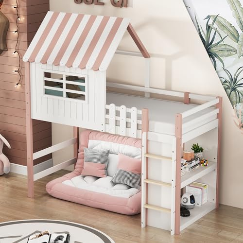 Generisch Kinderbett Dachform Design 90x200 cm aus Massivholz mit Sicherheitsleiter, Ablagefach & Lattenrost – Multifunktionsbett für Jungen/Mädchen, Rosa/Grün (Matratze Nicht enthalten) von Generisch