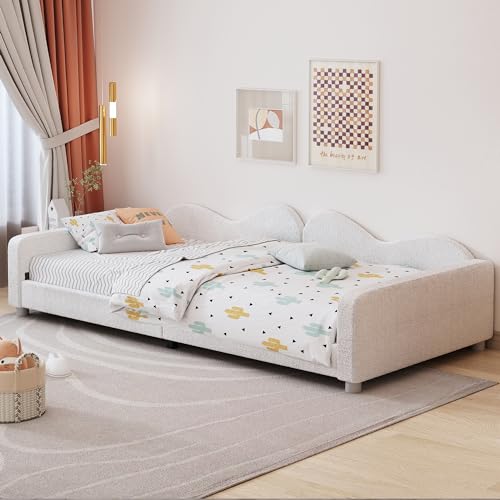 Generisch Kinderbett Polsterbett 90 * 200cm, Schlafsofa Bettgestell Teddystoff Multifunktionales weiches Bett mit Rückenlehne und Armlehnen Jugendbett Gästebett Weiß von Generisch