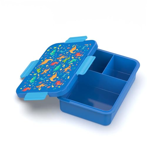 Generisch Kinderfrühstücksbox, 1120 ml, Abnehmbarer Deckel, 3 Fächer, Wasserdicht, Mikrowellengeeignet, Spülmaschinengeeignet, Tiefkühlgeeignet bis -15°C (Blau Dinosaurier) von Generisch