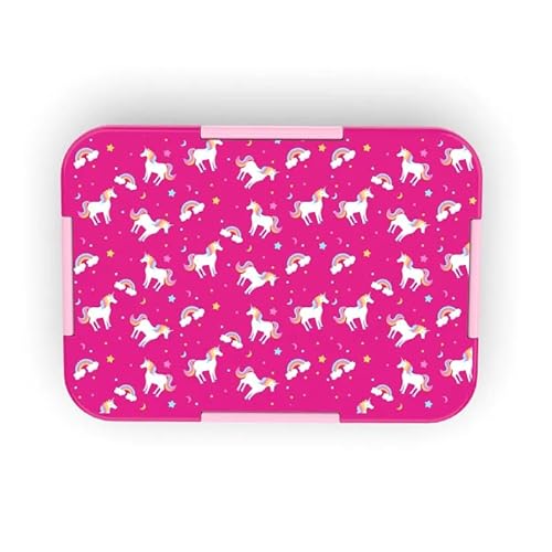 Generisch Kinderfrühstücksbox, 1120 ml, Abnehmbarer Deckel, 3 Fächer, Wasserdicht, Mikrowellengeeignet, Spülmaschinengeeignet, Tiefkühlgeeignet bis -15°C (Rosa Einhorn Regenbogen) von Generisch