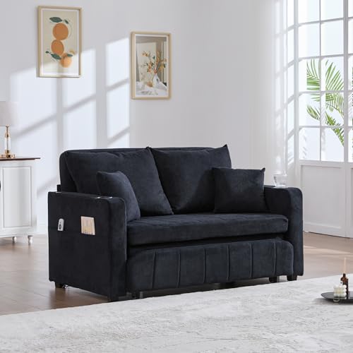 Generisch Klappbares Schlafsofa mit USB-Anschluss, 139 cm Breite, Getränkehalter, Aufbewahrungstasche, (Black + Chenille +2 Seat) von Generisch