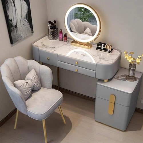 Generisch Kosmetikstisch mit LED-Lichtspiegel, Kosmetikstisch mit 5 Schubladen, 80/100cm Schlafzimmer-Kosmetikstisch, Mädchen-Kosmetikstisch (Grau, 100cm/39.4in) von Generisch