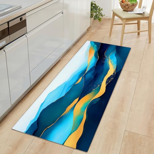Generisch Küchenteppiche Blau Gold Rutschfestes Küchenmatten 70 x 200 cm, Abstrakte Marmor Bergstreifen Drucken Teppich Waschbar Bodenmatte, Komfort Pflegeleicht für Staubdicht Fußmatte von Generisch