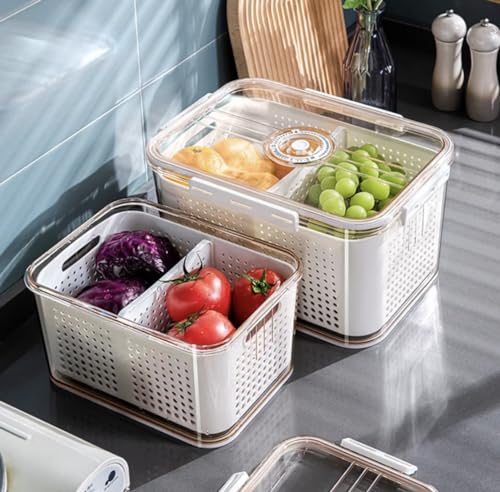 Frischhaltedose Kühlschrank, Vorratsdose mit Deckel, Organizer 3er Set (1,5L + 4L + 8,4L), Frischhaltefunktion, Datumsanzeige, Abtropfsieb, Aufbewahrung, Obst, Gemüse von Generisch
