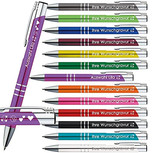 50x Kugelschreiber mit Gravur | Emojis Gravur | 13 Farben Auswahl | Personalisierte Werbekugelschreiber mit Wunschgravur | (Lila, 50 Stück) von Generisch
