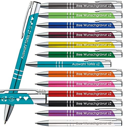 10x Kugelschreiber mit Gravur | Emojis Gravur möglich | 13 Farben Auswahl | Personalisierter Werbekugelschreiber Wunschgravur | (Türkis, 10 Stück) von Generisch