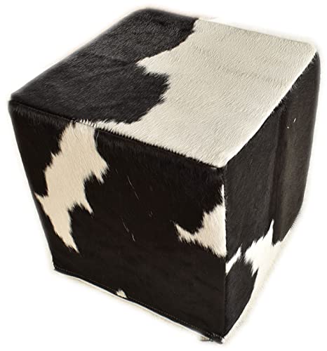 Generisch Kuhfell Hocker schwarz Weiss 40x40x40 cm Sitzwürfel aus echtem Kuhfell Fußhocker in schwarz weiß mit Fester Schaumstoff Würfel von Generisch
