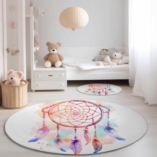 Generisch Kurzflor Runder Teppich Durchmesser 90 cm, Minimal Aquarell Traumfänger Thema Weiß Rosa Rund Teppiche für Sofa Wohnzimmer Schlafzimmer Heimdekoration - rutschfest Waschbar Generisch Kurzflor Runder Teppich Durchmesser 90 cm, Minimal Aquarell Traumfänger Thema Weiß Rosa Rund Teppiche für Sofa Wohnzimmer Schlafzimmer Heimdekoration - rutschfest Waschbar von Generisch