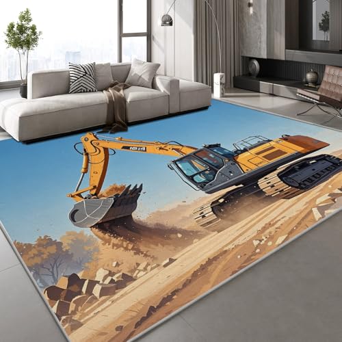 Generisch Kurzflor Teppich 3D Bagger Teppich Matten rutschfeste FußMatte Ingenieurfahrzeuge Muster Kinder Spielteppiche FüR Schlafzimmer Flur Wohnzimmer Boden 80x120 cm von Generisch