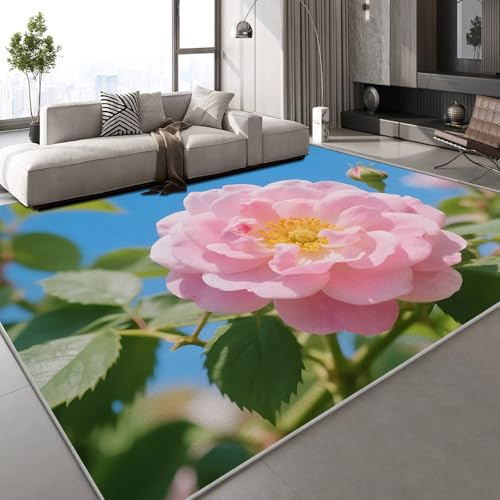 Generisch Kurzflor Teppich 3D Blumen Rosa Teppich Matten rutschfeste FußMatte Pflanzen Natur Muster Kinder Spielteppiche FüR Schlafzimmer Flur Wohnzimmer Boden 50x80 cm von Generisch