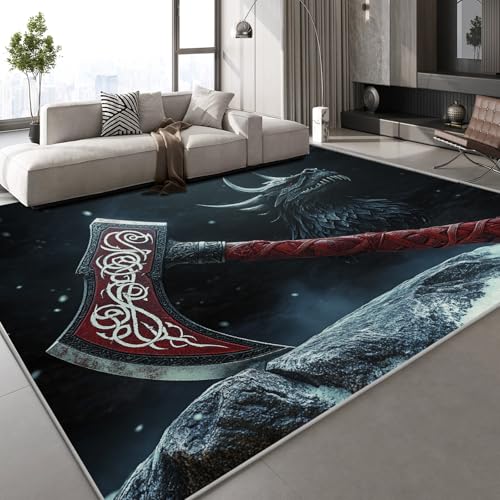 Generisch Kurzflor Teppich 3D Drache Axt Teppich Matten rutschfeste FußMatte Mythologie Retro Muster Kinder Spielteppiche FüR Schlafzimmer Flur Wohnzimmer Boden 50x80 cm von Generisch