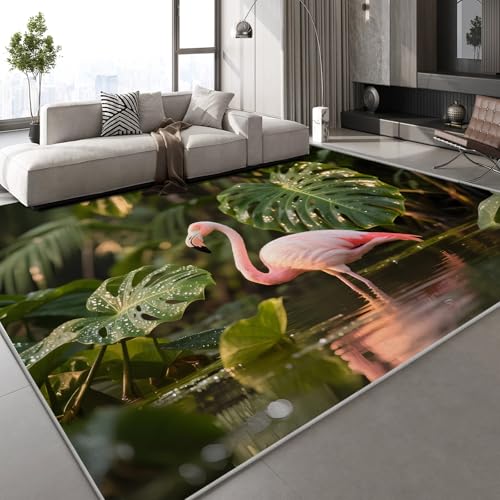 Generisch Kurzflor Teppich 3D Flamingo Tier Teppich Matten rutschfeste FußMatte Tropisch Pflanzen Muster Kinder Spielteppiche FüR Schlafzimmer Flur Wohnzimmer Boden 140x200 cm von Generisch