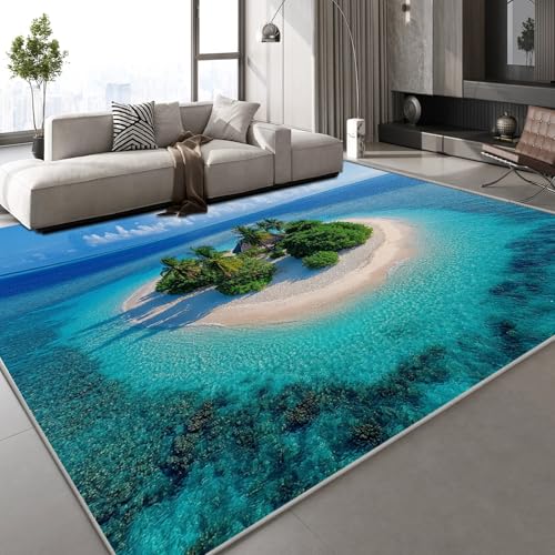 Generisch Kurzflor Teppich 3D Meer Inseln Teppich Matten rutschfeste FußMatte Blauer Himmel Natur Muster Kinder Spielteppiche FüR Schlafzimmer Flur Wohnzimmer Boden 150x210 cm von Generisch