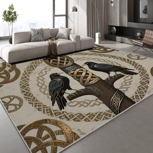 Generisch Kurzflor Teppich 3D Retro Krähe Teppich Matten rutschfeste FußMatte Tiere Runen Abstrakt Muster Kinder Spielteppiche FüR Schlafzimmer Flur Wohnzimmer Boden 150x210 cm von Generisch