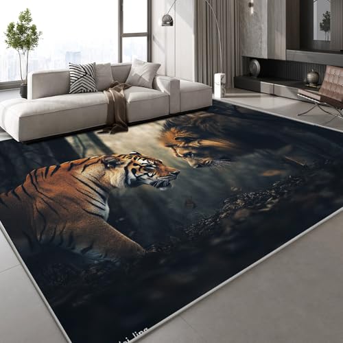 Generisch Kurzflor Teppich 3D Tiger Löwe Teppich Matten rutschfeste FußMatte Wald Natur Muster Kinder Spielteppiche FüR Schlafzimmer Flur Wohnzimmer Boden 150x210 cm von Generisch