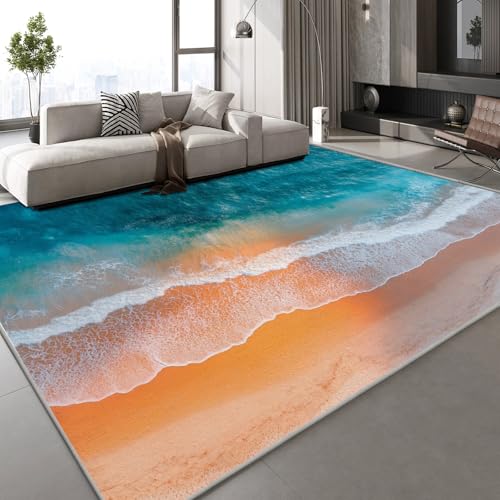 Generisch Kurzflor Teppich 3D Wellen Strand Teppich Matten rutschfeste FußMatte Meer Landschaft Muster Kinder Spielteppiche FüR Schlafzimmer Flur Wohnzimmer Boden 180x240 cm von Generisch