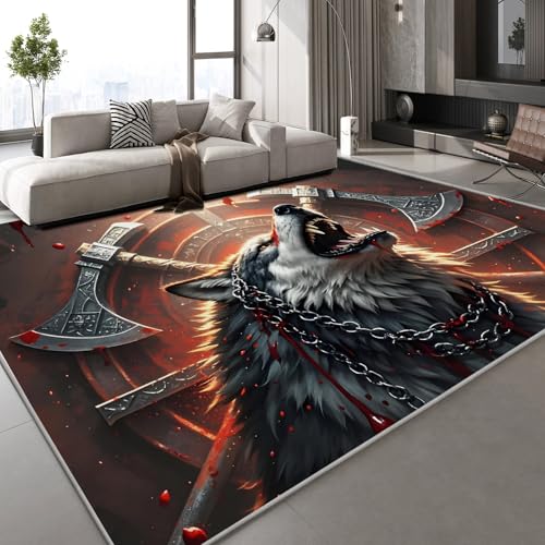 Generisch Kurzflor Teppich 3D Wolf Axt Teppich Matten rutschfeste FußMatte Tiere Retro Muster Kinder Spielteppiche FüR Schlafzimmer Flur Wohnzimmer Boden 60x90 cm von Generisch
