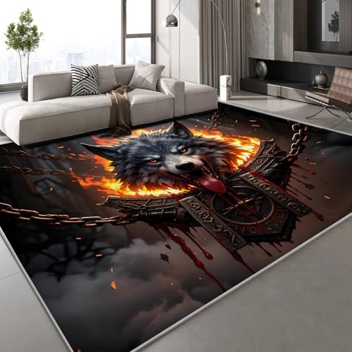 Generisch Kurzflor Teppich 3D Wolf Flamme Teppich Matten rutschfeste FußMatte Retro-Tiere Muster Kinder Spielteppiche FüR Schlafzimmer Flur Wohnzimmer Boden 150x210 cm von Generisch