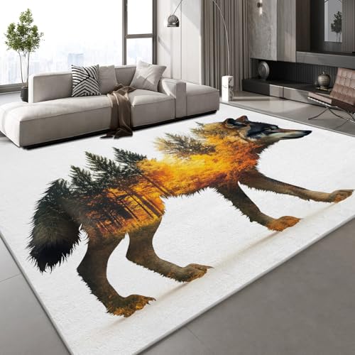 Generisch Kurzflor Teppich 3D Wolf Tier Teppich Matten rutschfeste FußMatte Wald Natur Muster Kinder Spielteppiche FüR Schlafzimmer Flur Wohnzimmer Boden 180x240 cm von Generisch