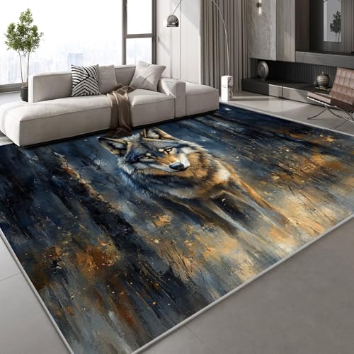 Generisch Kurzflor Teppich 3D Wolf Wald Teppich Matten rutschfeste FußMatte Handgezeichnet Kunst Muster Kinder Spielteppiche FüR Schlafzimmer Flur Wohnzimmer Boden 160x230 cm von Generisch
