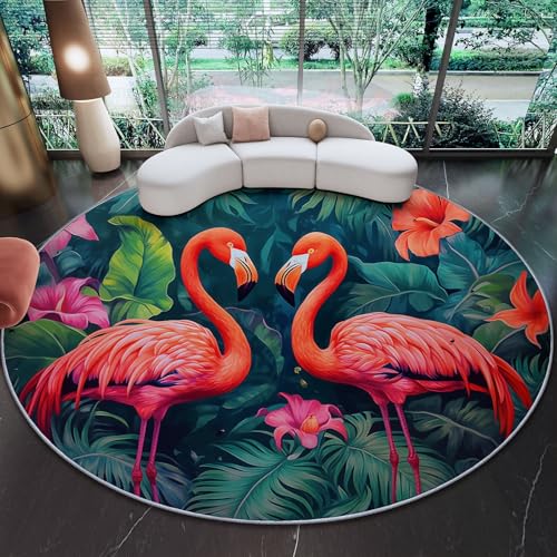 Generisch Kurzflor Teppich Rund 150 cm, Natur Dschungel Flamingos Thema rutschfest Waschbar Runder Teppiche - Dunkelgrün Rosa Flanell Flauschig Runder Teppich für Wohnzimmer Esszimmer Schlafzimmer Generisch Kurzflor Teppich Rund 150 cm, Natur Dschungel Flamingos Thema rutschfest Waschbar Runder Teppiche - Dunkelgrün Rosa Flanell Flauschig Runder Teppich für Wohnzimmer Esszimmer Schlafzimmer von Generisch