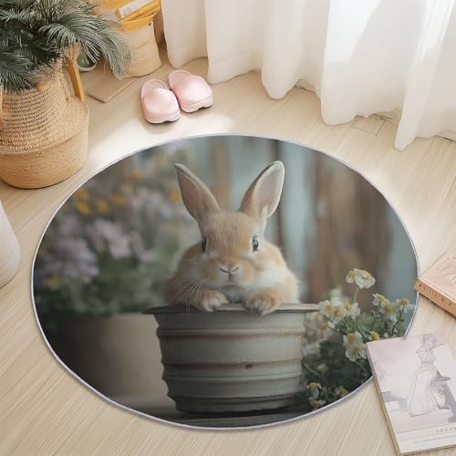 Generisch Kurzflor Teppich Rund 60 cm, Beige Einfaches Süßes Kaninchen Muster Terrassen Teppich Dekorative Wohnzimmer Schlafzimmer, Teppiche Anti-Rutsch Unterseite von Generisch