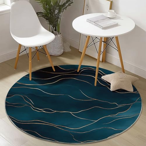 Generisch Kurzflor Teppich Rund 60 cm, Dunkelblau Gold Einfache Goldene Strichzeichnung Muster Terrassen Teppich Dekorative Wohnzimmer Schlafzimmer, Teppiche Anti-Rutsch Unterseite von Generisch