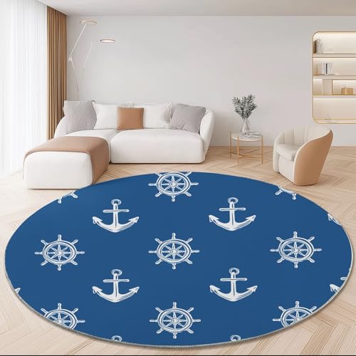 Generisch Kurzflor Teppich Rund 60 cm Marine Einfacher Bootshaken Muster Terrassen Teppiche, Dekorative Wohnzimmer Schlafzimmer Teppich Läufer Anti-Rutsch Unterseite für Esszimmer von Generisch