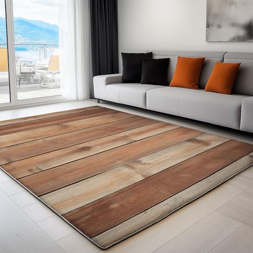 Generisch Kurzflor Teppich Rustikale Holzplankenstruktur 80 x 150 cm rutschfest Kurzflor Schlafzimmer Teppich Waschbar Bettvorleger Teppiche Khaki, für Flur Wohnzimmer Schlafzimmer Esszimmer von Generisch
