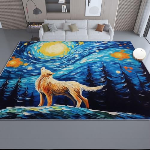 Generisch Kurzflor Teppich Wohnzimmer 120 x 180 cm, Ölgemälde Wald Wolf Muster Waschbarer Teppich mit Anti-Rutsch Unterseite - Blau Teppiche Dekorative für Schlafzimmer kinderzimmer Flur Generisch Kurzflor Teppich Wohnzimmer 120 x 180 cm, Ölgemälde Wald Wolf Muster Waschbarer Teppich mit Anti-Rutsch Unterseite - Blau Teppiche Dekorative für Schlafzimmer kinderzimmer Flur von Generisch